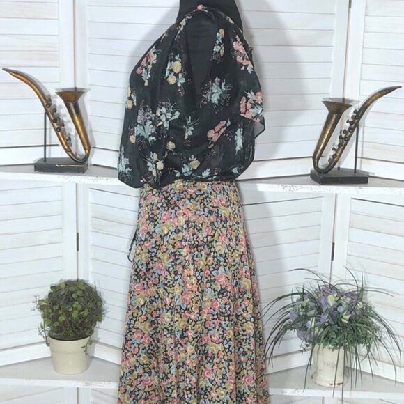 Vintage 80s Floral Full Swing Dress Black Boho Medium - Picture 5 of 10